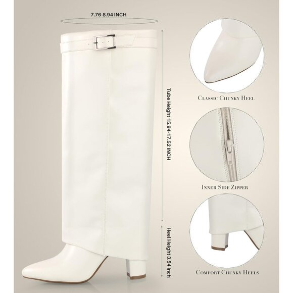 ⚡Women's White Chunky Heels Pointed toe with Side Zipper Long Tall Boots - Picture 3 of 6